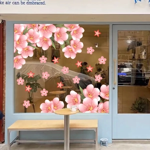 Pink cherry blossom static cling window decals set for home and shop glass decoration