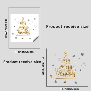 Detail showing dimensions of golden Merry Christmas tree wall sticker with snowflakes