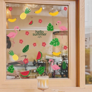 Vibrant Summer static window clings with flamingos and fruits for glass decoration