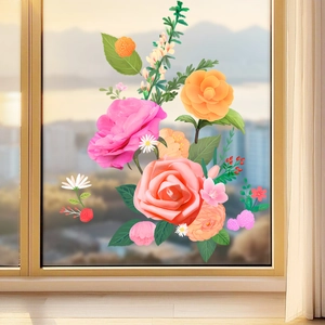 Vibrant orange camellias and pink rose static cling decals for window decoration