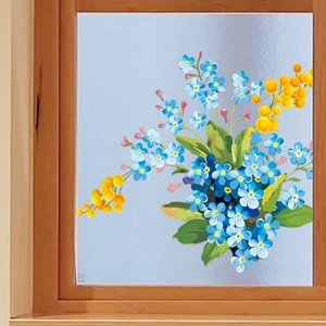 Pellicola decorativa statica per vetri con fiori dipinti a mano in blu e giallo per la casa