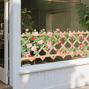 Floral garden fence static sticker with pink climbing roses for window decoration