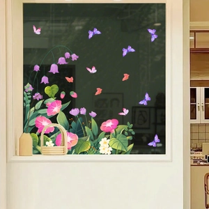 Sticker Statique pour Vitre Fleurs et Papillons en PVC Amovible Décoration de Verre pour Salon Chambre Cuisine Maison