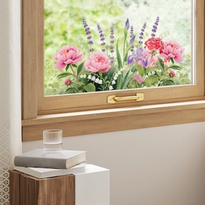 Floral static cling window stickers with pink peonies and lavender for home glass decor