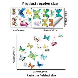 Tableau détaillé des tailles pour stickers muraux papillons avec dimensions de pose fournies