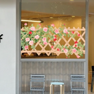 Floral fence window stickers with pink and red roses on wooden lattice for home decor