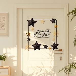 Modern Christmas wall decal with Merry Christmas text and stars on a white door