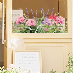 Detail of colorful floral static window film with pink peonies and purple lavender