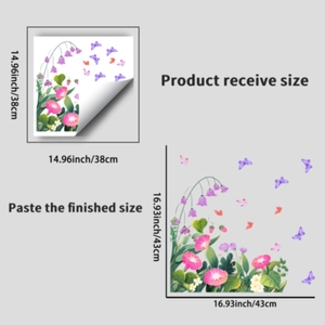 Autocollants vitraux fleurs et papillons affichant les dimensions réelles et finales