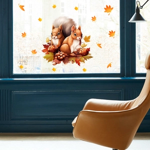 Statische Fensterbilder mit Eichhörnchen und Herbstlaub für gemütliche Heimdekoration