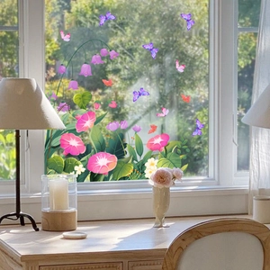 Film de fenêtre décoratif avec fleurs de liseron rose et papillons pour chambre et salon