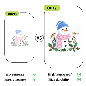 Detail showing HD printing and waterproof features of Christmas snowman static stickers