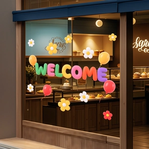 Detailed view of 3D puffy Welcome window stickers with daisy flowers and balloons décor