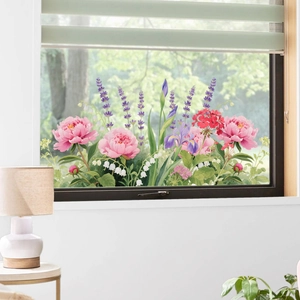 Colorful floral static cling window decals for living room with realistic peonies and lavender