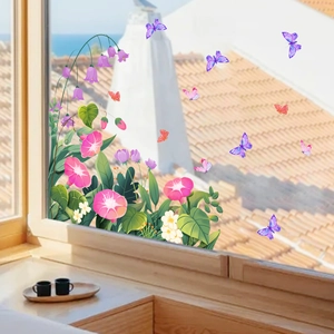 Détails de stickers de fenêtre à fleurs et papillons roses et violets pour vitres de maison