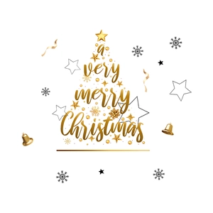 Golden Christmas wall sticker featuring a very merry Christmas text in xmas tree shape