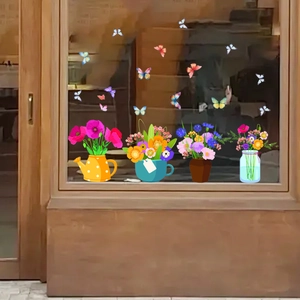 Floral vase and colorful butterfly static window stickers for glass decoration
