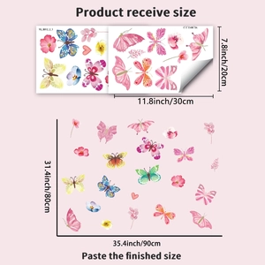 Stickers muraux papillons lumineux montrant les dimensions de réception et de pose finale