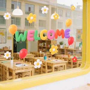 3D colorful Welcome letter window stickers with balloons and flowers for classroom decor