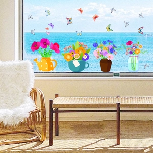 Vibrant PVC flower vase and butterfly static window decals for home glass decoration