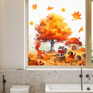 Autumn window static stickers featuring a maple tree, fox and pumpkins on a glass window