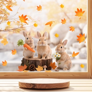 Stickers de fenêtre statiques d'automne avec lapins bruns réalistes et feuilles d'érable