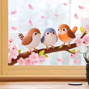 Cartoon birds and pink floral branch static window stickers for glass home decoration