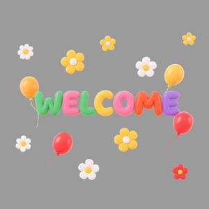 3D colorful Welcome window static sticker with cartoon flowers and balloons design