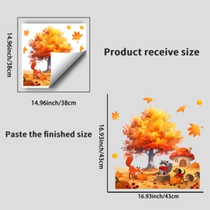 Autumn harvest window stickers set featuring fox, hedgehog, and colorful maple tree