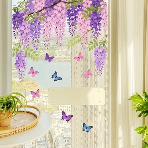 Purple Wisteria Floral Vine And Butterfly Window Static Sticker Waterproof PVC Glass Decal For Living Room Home Decoration