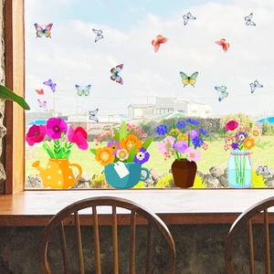 Colorful PVC static window film with flower pots and butterflies decoration stickers