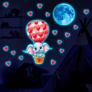 Luminous wall stickers featuring cartoon elephant in hot air balloon with moon and hearts