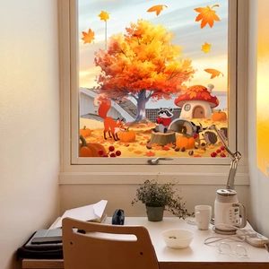 Autumn harvest window clings with forest fox, raccoon, maple leaves and pumpkin stickers