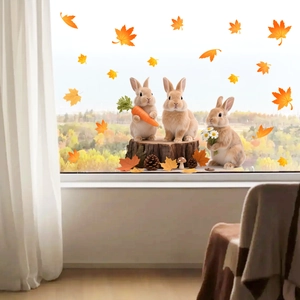 Stickers de fenêtre d'automne avec lapins mignons, feuilles d'érable et marguerites