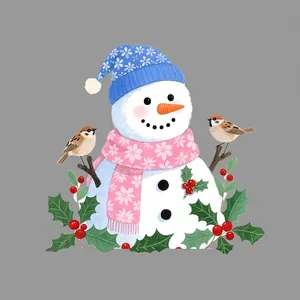 Christmas snowman window sticker with blue knit hat and pink scarf static cling decal