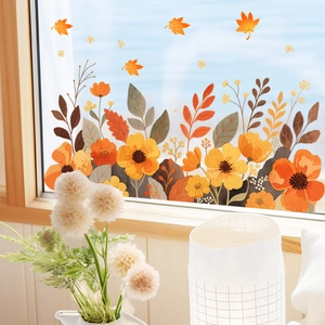 Autumn yellow floral glass window decals for bedroom decoration with maple leaf pattern
