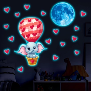 Luminous wall stickers featuring cartoon elephant in a hot air balloon with moon and stars