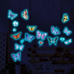 Détail des stickers muraux papillons fluorescents avec effet de lueur bleue la nuit