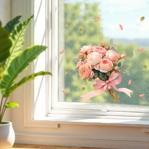 Macro detail of pink rose static window film with a silk ribbon on clear glass surface