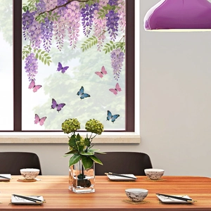 Purple wisteria floral and butterfly static window stickers for living room glass decor