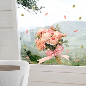 Detail of pink rose bouquet window static sticker on glass with natural landscape view