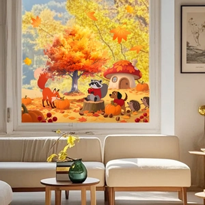 Detailed view of autumn window stickers with colorful maple trees and cartoon forest animals
