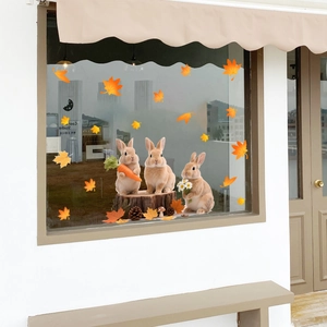Détail de stickers fenêtre d'automne avec lapins mignons et feuilles d'érable