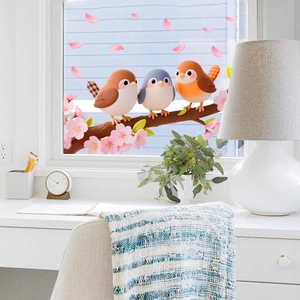Cartoon birds on pink cherry blossom branches static cling window decals for home decor