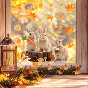 Autocollants Statiques de Fenêtre Lapin et Feuille d'Érable en PVC Sans Colle pour Vitre Chambre Salon Décoration Saisonnière Maison