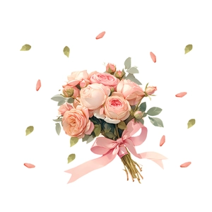 Pink rose bouquet static wall sticker with ribbon bow and falling petals for home decor