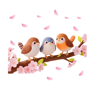 Cartoon 3D birds on pink cherry blossom branches static window stickers for home decor