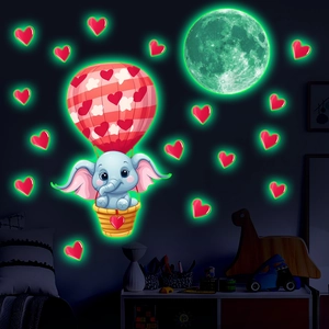 Luminous wall stickers with cartoon elephant on hot air balloon and moon in dark kids room