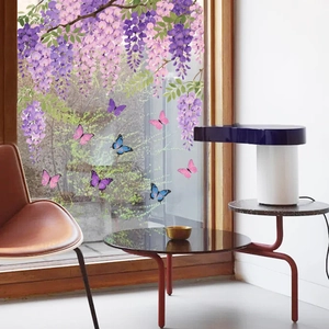 Detail of purple wisteria vine and colorful butterfly static window film for home decoration