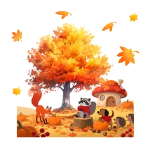 Thanksgiving window clings set featuring autumn maple tree pumpkins and forest animals